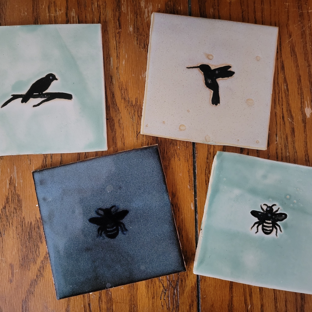 Set of Four Handmade Birds And The Bees Ceramic Tiles